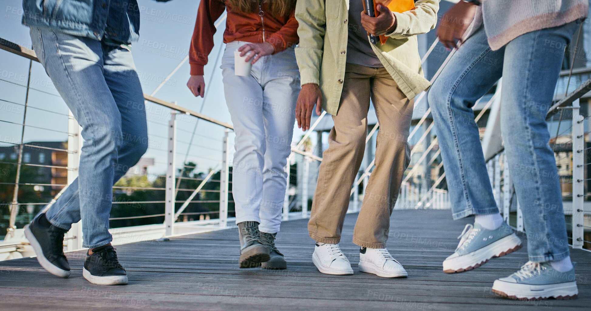 Buy stock photo Dance, celebration and friends with feet of people for music, hip hop and artist performance. Freedom, creative and urban with closeup of group of dancers in city for energy, summer and talent