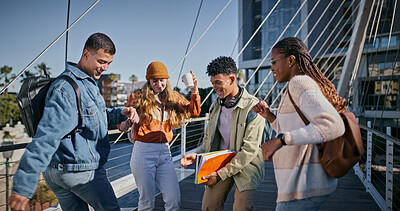 Buy stock photo Students, happy and dance at university for social, bonding and freedom in morning. People, happy and diversity on campus with movement, music and friendship at academy with excitement for future