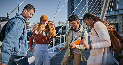 Buy stock photo University, friends and outdoor with laugh on urban bridge in New York with diversity and fun. College, people and group conversation on campus with smile and happy from education and learning