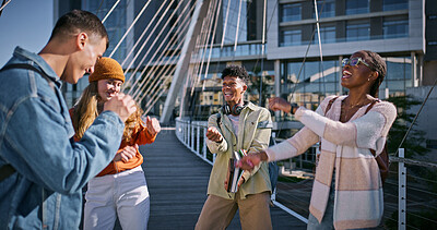 Buy stock photo Happy, friends and students dancing outdoor for university break, laughing and comic discussion of reunion. Smile, people and college for movement, bonding together and diversity of social learning
