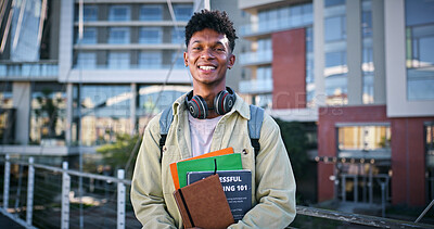 Buy stock photo University, black man and happy portrait outdoor with student notebook, backpack and smile at college. Bridge, confidence and morning with textbook and education of learner in New York with learning