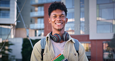 Buy stock photo Student, future and college with portrait of man for education, learning and knowledge. University, academy and youth development with gen z person at campus for scholarship, school and studying