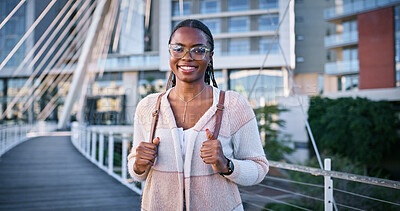Buy stock photo Black woman, student and portrait on campus for education, learning and happy for academic opportunity. Girl, smile or pride at university for scholarship, exchange programme or commitment in Nigeria