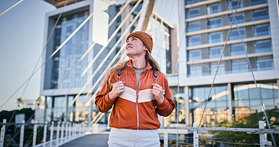 Buy stock photo Student, vision and thinking with woman in outdoor for education, future and knowledge. Learning, inspiration and youth development with person at campus for scholarship, college and studying