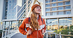 Education, student and girl with smile, outdoor and proud of learning with scholarship and college. Backpack, woman and thinking of future, university and opportunity with knowledge and campus