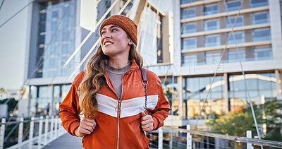 Buy stock photo Student, inspiration and thinking with woman in college for education, future and knowledge. Learning, vision and youth development with person walking on campus for scholarship, gen z and studying