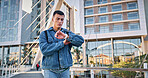 Education, student and man with watch, check and serious for learning, outdoor and goals in college. Backpack, guy and thinking of time, person and worried for exam, academy and university campus