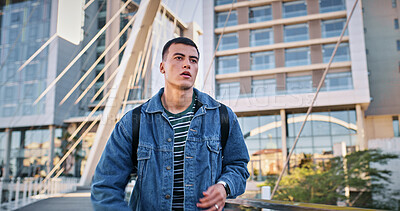Buy stock photo Student, education and walking with man on campus for learning, future and knowledge. University, academy and youth development with gen z person at college for scholarship, school and studying