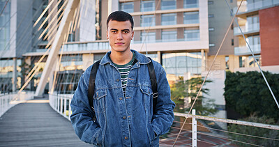 Buy stock photo Man, student and portrait on campus for education, learning and pride for academic opportunity. Learner, smile or confident at university for scholarship, exchange programme or commitment in Portugal