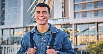 Buy stock photo Man, student and portrait at university for education, learning and happy for academic opportunity. Learner, smile and pride on campus for scholarship, exchange programme and commitment in Portugal