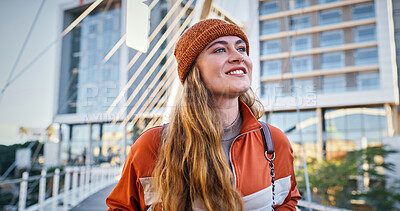 Buy stock photo Student, smile and education with woman in college for school, future and knowledge. Learning, vision and youth development with person on University campus for scholarship, gen z and studying