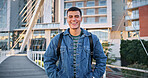 Man, student and portrait at college for education, learning and happy for academic opportunity. Learner, smile and pride at university for scholarship, exchange programme and commitment in Portugal