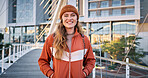 Girl, student and portrait on campus for education, learning and happy for academic opportunity. Woman, smile and pride at university for scholarship, exchange programme and commitment in Norway