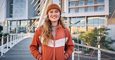Buy stock photo Girl, student and portrait on campus for education, learning and happy for academic opportunity. Woman, smile and pride at university for scholarship, exchange programme and commitment in Norway