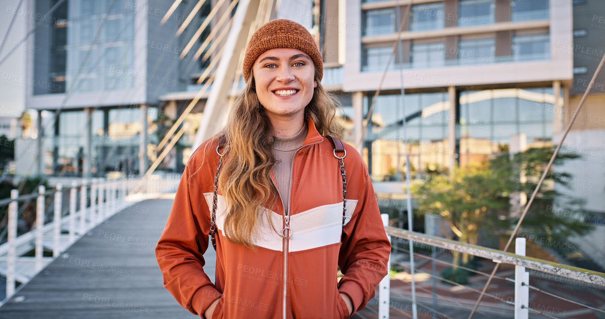 Buy stock photo Girl, student and portrait on campus for education, learning and happy for academic opportunity. Woman, smile and pride at university for scholarship, exchange programme and commitment in Norway