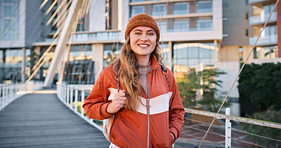 Buy stock photo Girl, student and portrait at college for education, learning and happy for academic opportunity. Woman, smile and pride at university for scholarship, exchange programme and commitment in Norway