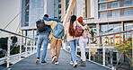 Back, college and friends with people and walking for education, learning and knowledge. University, academy and youth development with students on campus for scholarship, school and studying
