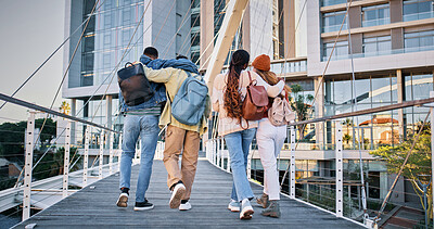 Buy stock photo Back, college and friends with people and walking for education, learning and knowledge. University, academy and youth development with students on campus for scholarship, school and studying
