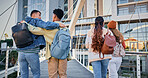 Back, college and education with people and walking for friends, learning and knowledge. University, academy and youth development with students on campus for scholarship, school and studying