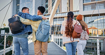 Buy stock photo Back, college and education with people and walking for friends, learning and knowledge. University, academy and youth development with students on campus for scholarship, school and studying