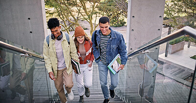 Buy stock photo College, conversation and walking with friends on stairs at school or university campus for learning. Development, growth or study with man and woman students outdoor together for scholarship