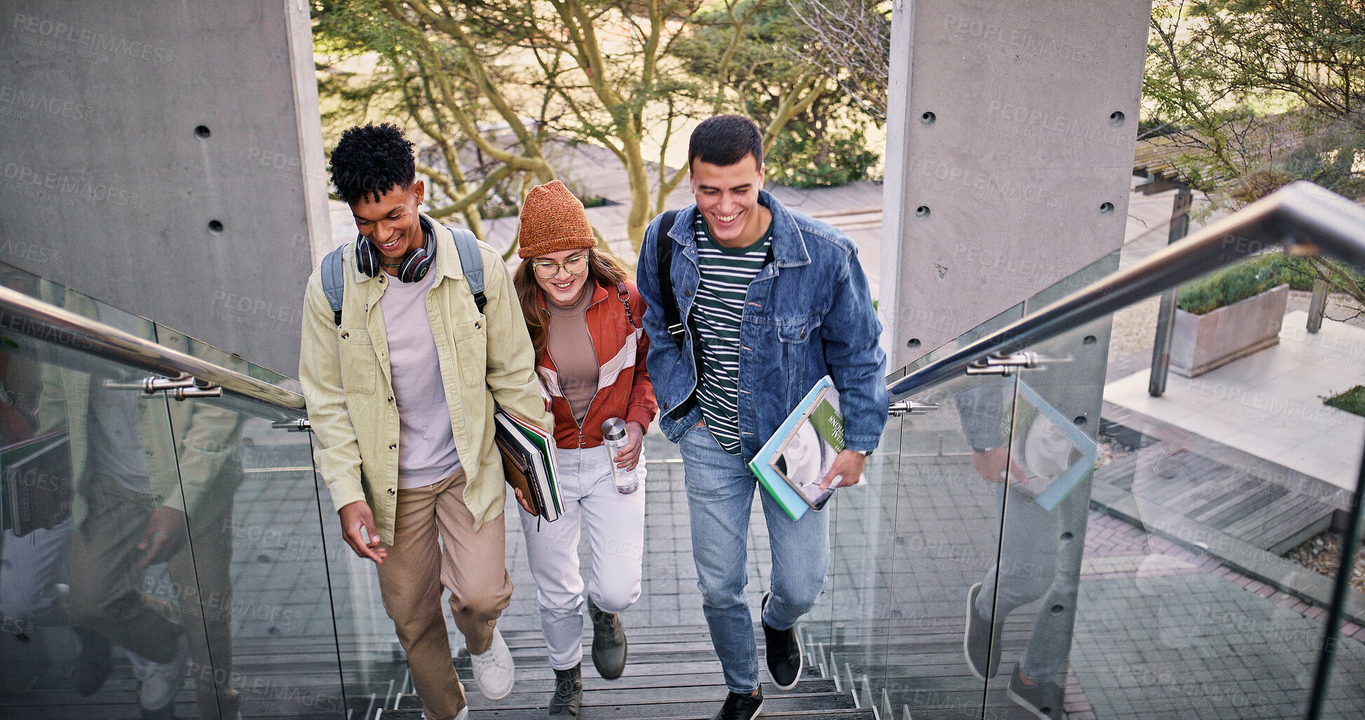 Buy stock photo College, conversation and walking with friends on stairs at school or university campus for learning. Development, growth or study with man and woman students outdoor together for scholarship