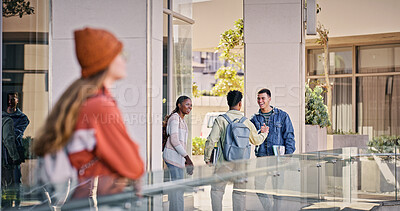 Buy stock photo Students, happy and handshake at college for welcome, friendship and support in education. People, excited and meeting on campus for reunion, new semester and scholarship opportunity for learning