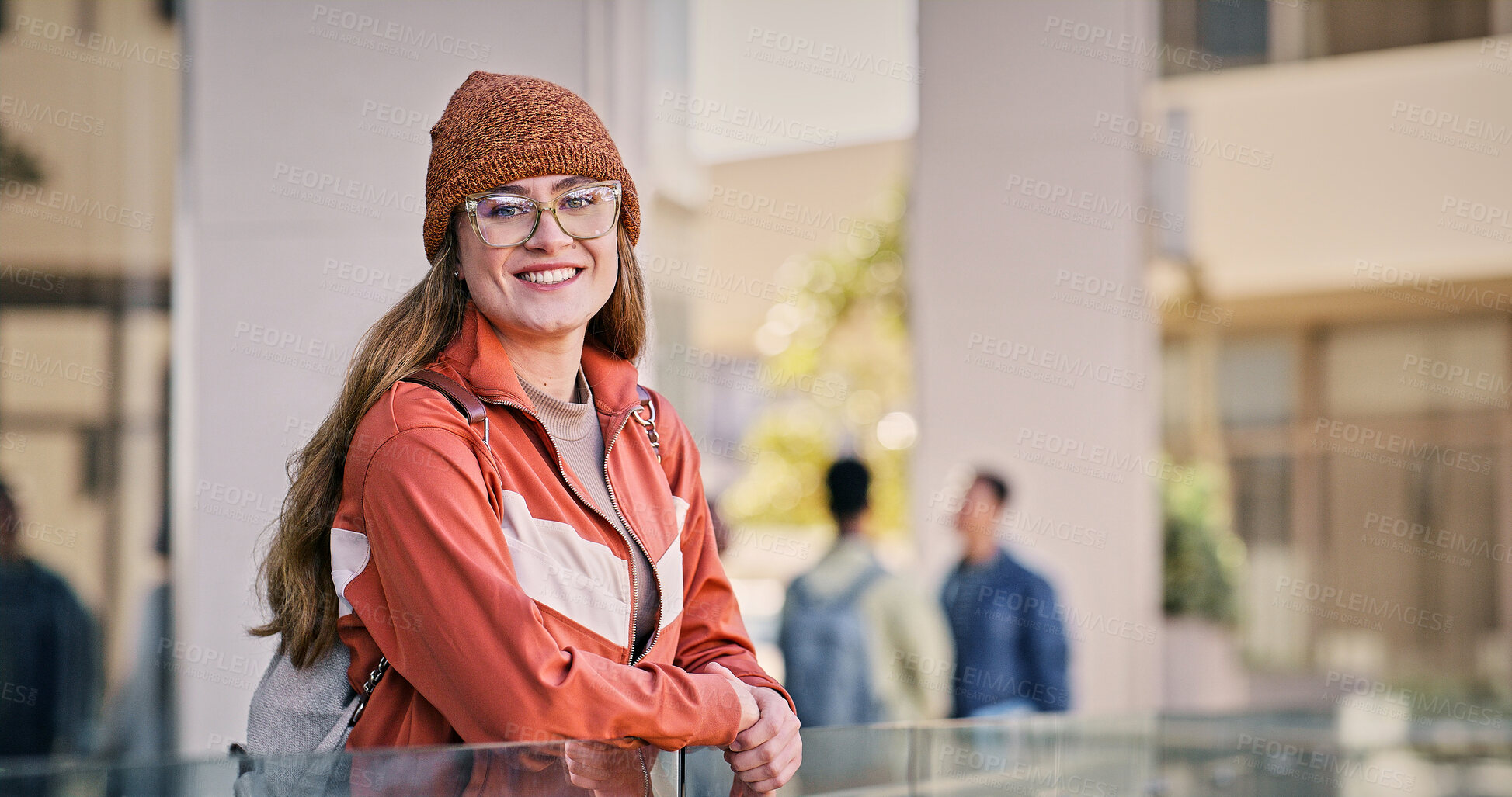 Buy stock photo Woman, college student and happy in balcony with pride for education, progress and study in England. Female person, university learner and smile outside on portrait with confidence for learning