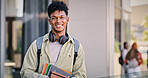 Man, college student and smile in balcony with pride for education, progress and study in Cuba. Male person, university learner and happy on portrait with confidence for exams and assessment