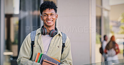 Buy stock photo Man, college student and smile in balcony with pride for education, progress and study in Cuba. Male person, university learner and happy outside on portrait with confidence for learning on campus
