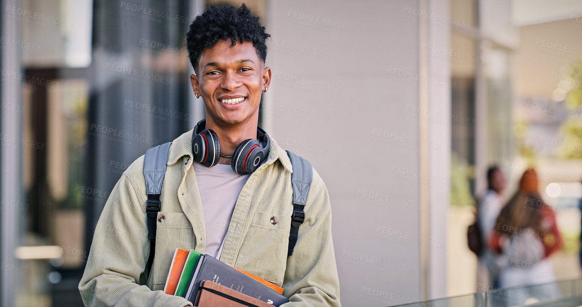 Buy stock photo Man, college student and smile in balcony with pride for education, progress and study in Cuba. Male person, university learner and happy outside on portrait with confidence for learning on campus