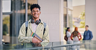 Buy stock photo Man, university student and happy in outdoor with pride for education, progress and study in Cuba. Male person, college learner and smile on portrait with confidence for exams and assessment