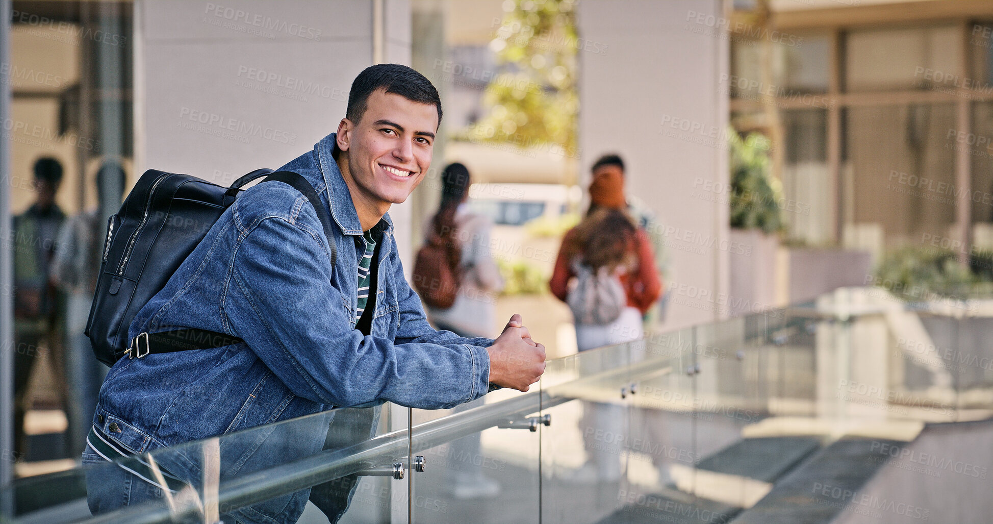 Buy stock photo Portrait, man and confident for education, college and guy with scholarship, academy and knowledge. Learning, university and student with backpack, happy and goals for degree, back to school and USA
