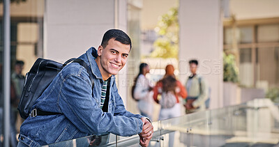 Buy stock photo Portrait, man and confident for education, campus and guy with scholarship, academy and knowledge. Learning, university and student with backpack, happy and goals for degree, back to school and USA