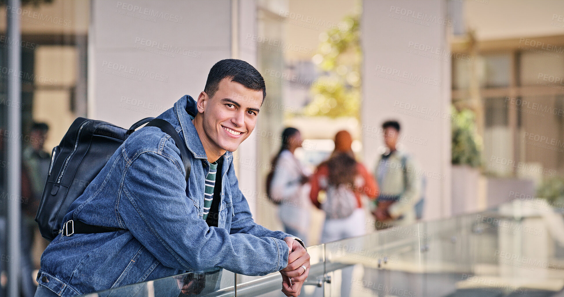 Buy stock photo Portrait, man and confident for education, campus and guy with scholarship, academy and knowledge. Learning, university and student with backpack, happy and goals for degree, back to school and USA