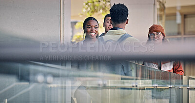 Buy stock photo Group, people and students talking on campus for education, social project and walking to classroom. Happy, friends and communication at university for learning, study and bonding together in morning