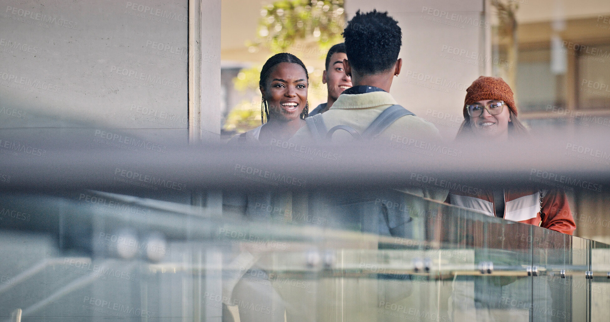 Buy stock photo Group, people and students talking on campus for education, social project and walking to classroom. Happy, friends and communication at university for learning, study and bonding together in morning
