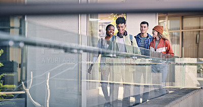 Buy stock photo Group, friends and students talking on campus for education, social project and walking to classroom. Happy, people and communication at university for learning, study and bonding together in morning