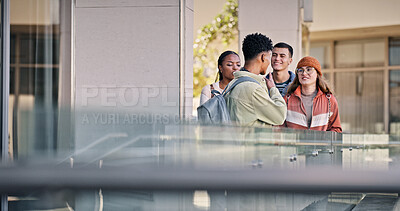 Buy stock photo Happy, people and students talking on campus for education, social project and walking to classroom. Group, friends and communication at university for learning, study and bonding together in morning