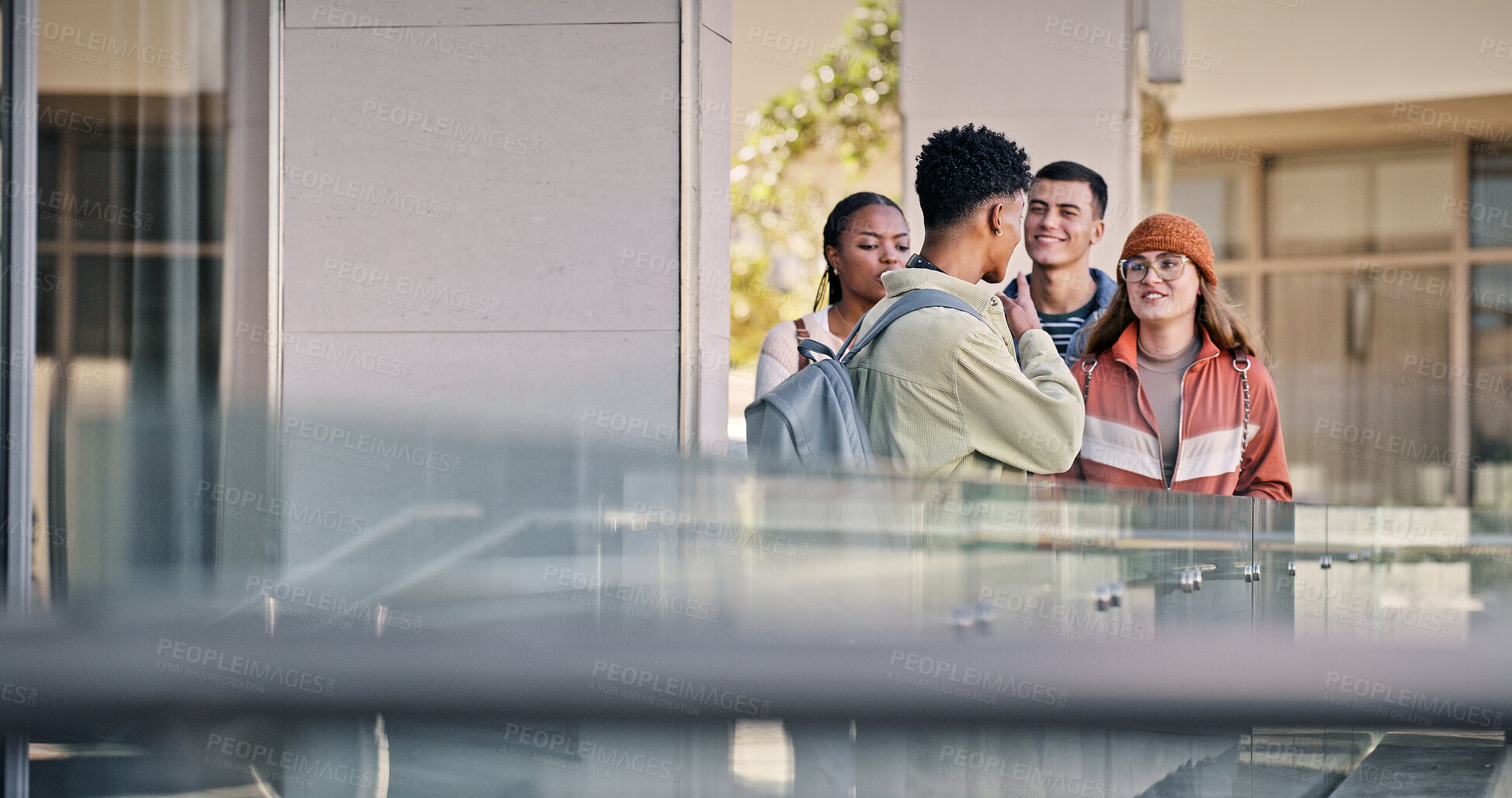 Buy stock photo Happy, people and students talking on campus for education, social project and walking to classroom. Group, friends and communication at university for learning, study and bonding together in morning