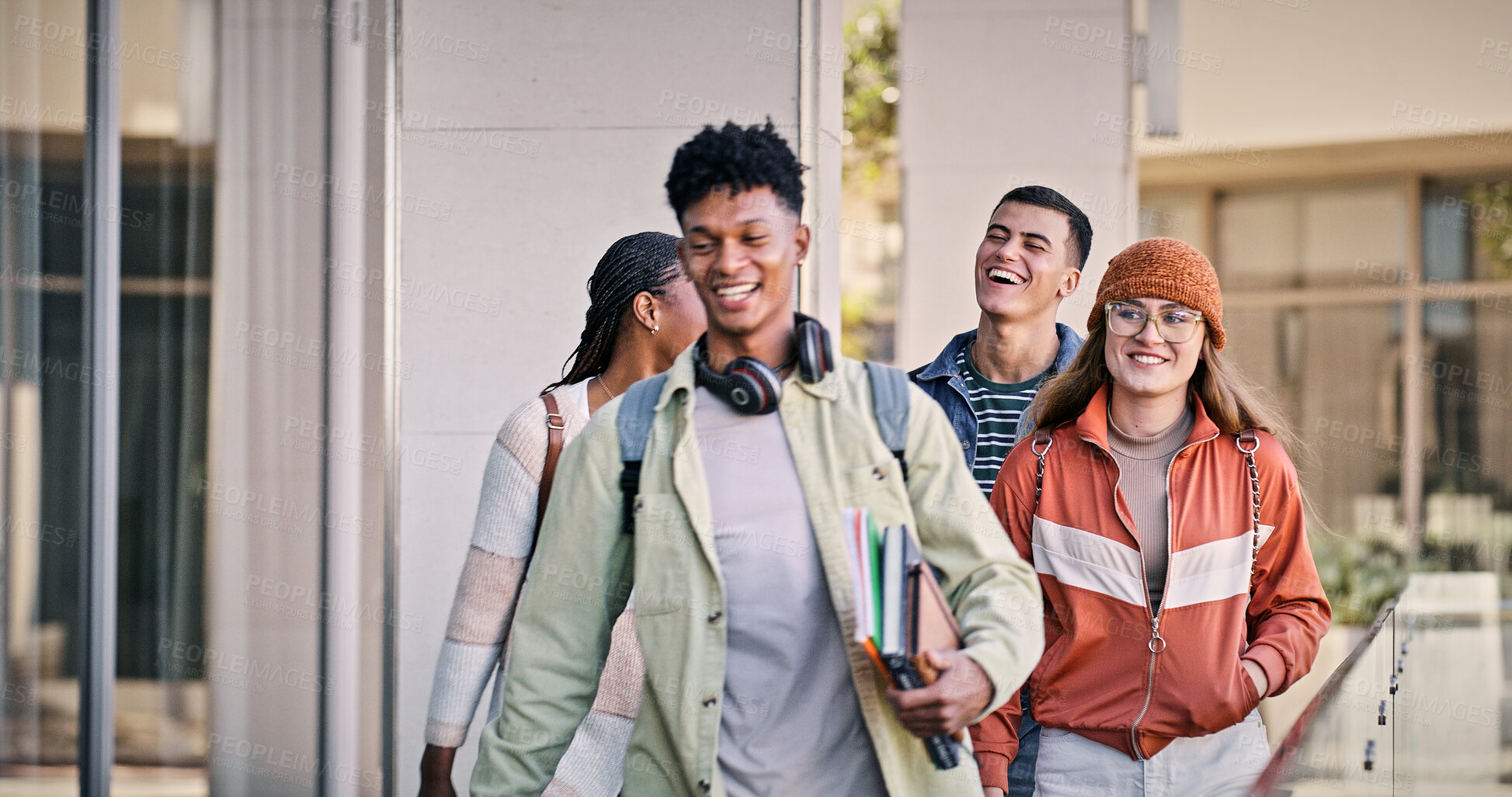 Buy stock photo Group, students and outdoor with friends, smile and backpacks for walking on campus or university. People, happy and talking for education, development and scholarship for learning, college or school