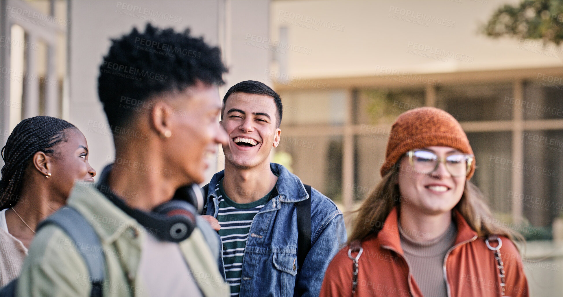 Buy stock photo Group, students and happy with people, smile and backpacks for walking on campus or university. Friends, outdoor and talking for education, development and scholarship for learning, college or school