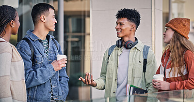 Buy stock photo Smile, people and students talking on campus for education, social project and walking to classroom. Happy, friends and communication at university for learning, study and bonding together in morning