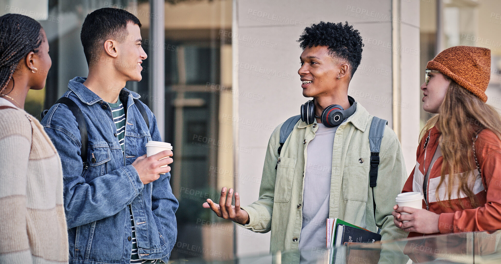 Buy stock photo Smile, people and students talking on campus for education, social project and walking to classroom. Happy, friends and communication at university for learning, study and bonding together in morning