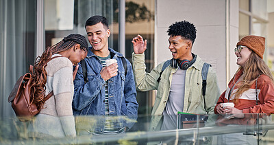 Buy stock photo Smile, friends and students talking on campus for education, social project and walking to classroom. Happy, people and communication at university for learning, study and bonding together in morning