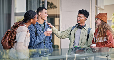 Buy stock photo Group, friends and students talking on campus for education, social project and walking to classroom. Happy, people and communication at university for learning, study and bonding together in morning