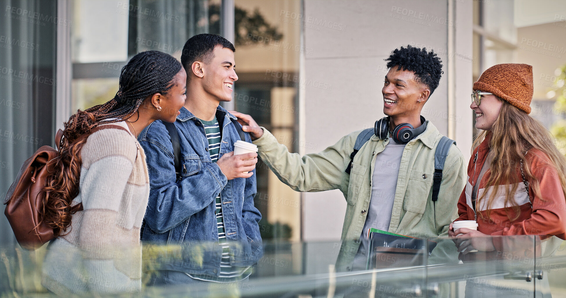 Buy stock photo Group, friends and students talking on campus for education, social project and walking to classroom. Happy, people and communication at university for learning, study and bonding together in morning