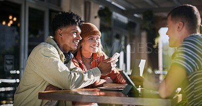 Buy stock photo Education, students and technology with couple of friends on campus together for learning or study. College, smile or university with men and woman outdoor for communication, development or growth