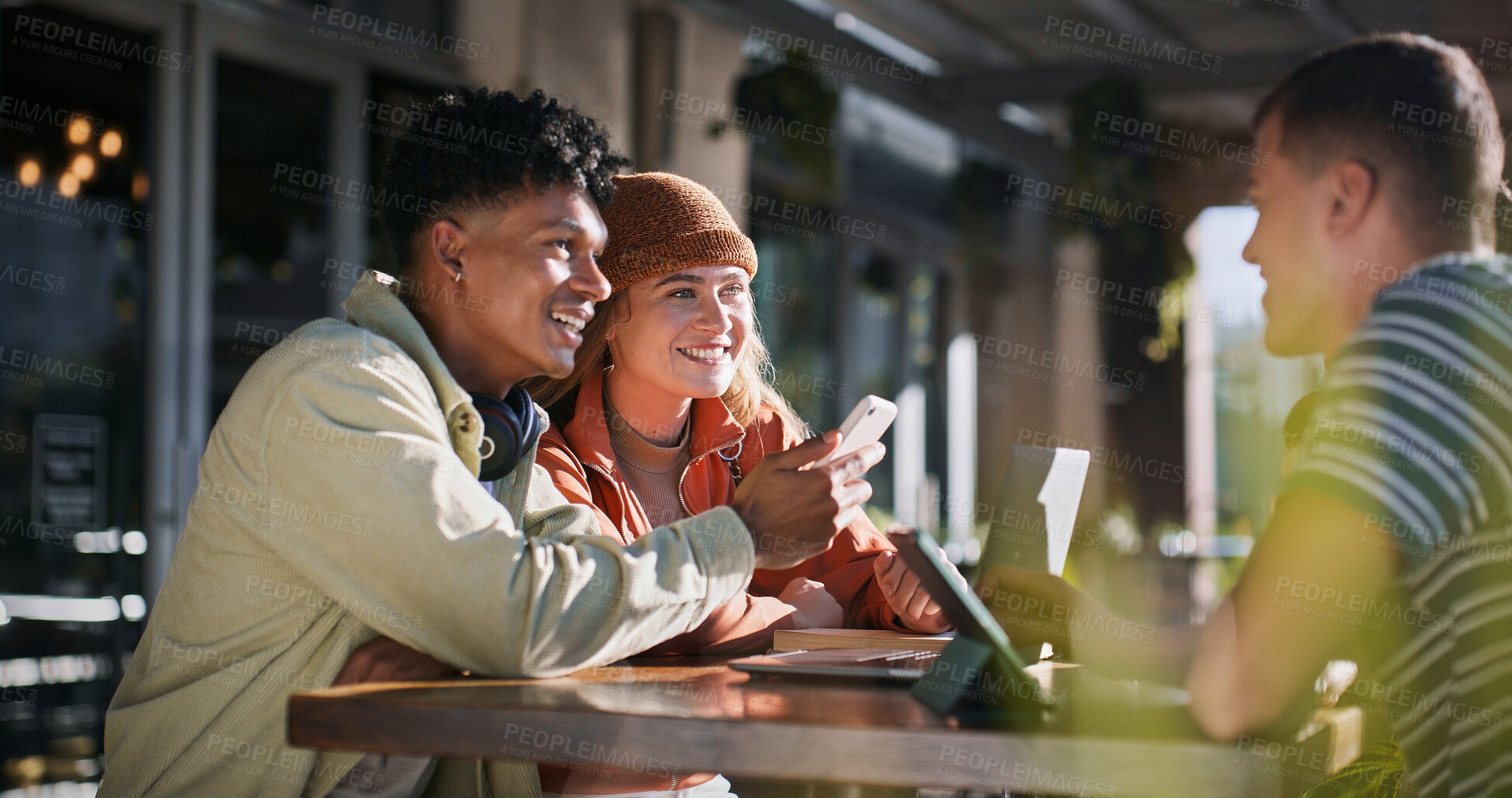 Buy stock photo Education, students and technology with couple of friends on campus together for learning or study. College, smile or university with men and woman outdoor for communication, development or growth