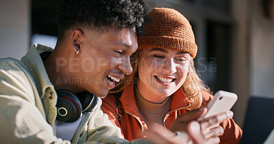 Buy stock photo Education, laughing and phone with couple of friends on campus together for learning or study. College, social media or university with man and woman students outdoor for future development or growth